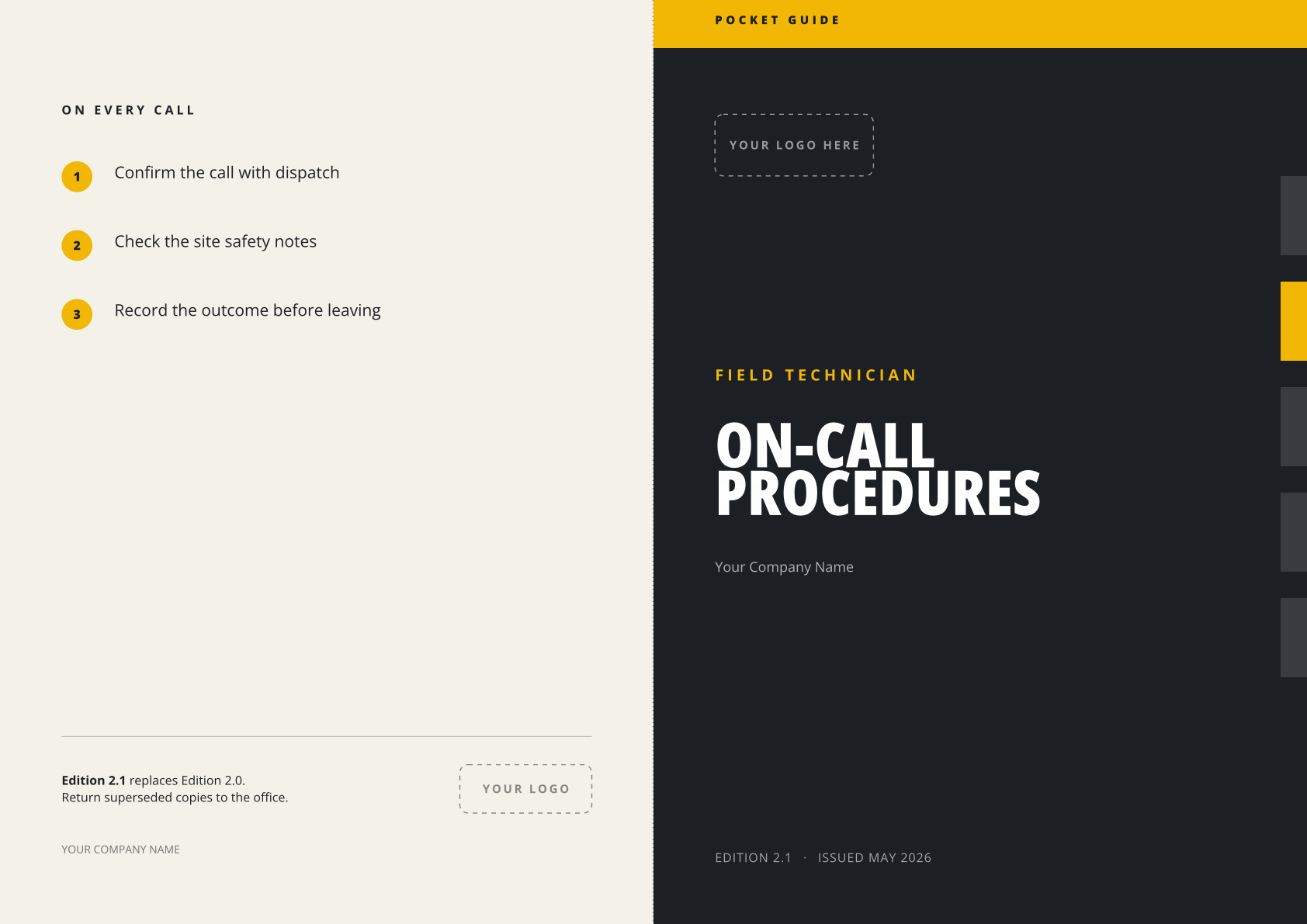 Open booklet cover: the front reads Pocket Guide, Field Technician, On-Call Procedures; the back lists three steps for every call and says Edition 2.1 replaces Edition 2.0.