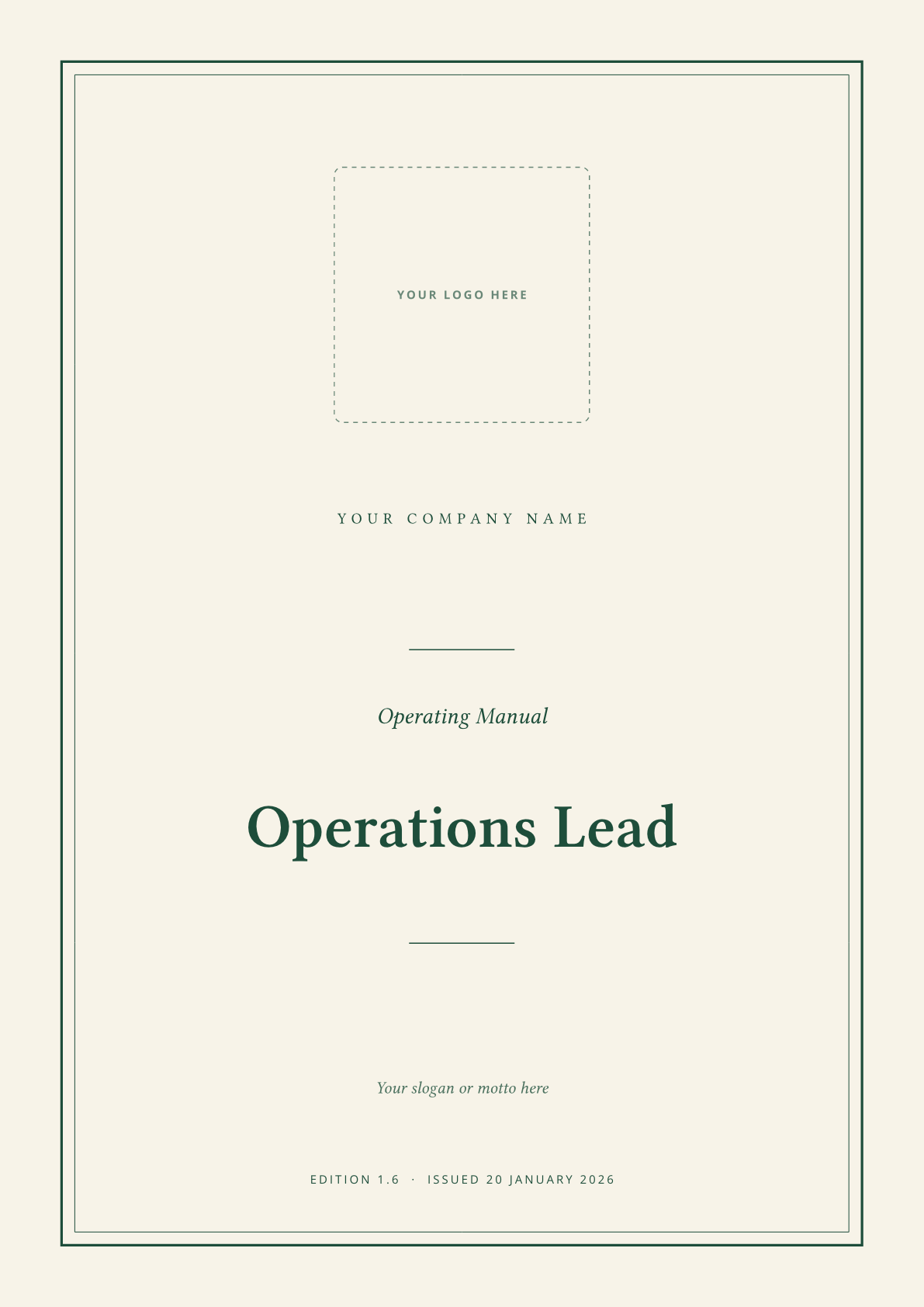 Cream cover with a green double frame, a large logo space, and Operations Lead Operating Manual set in serif type.