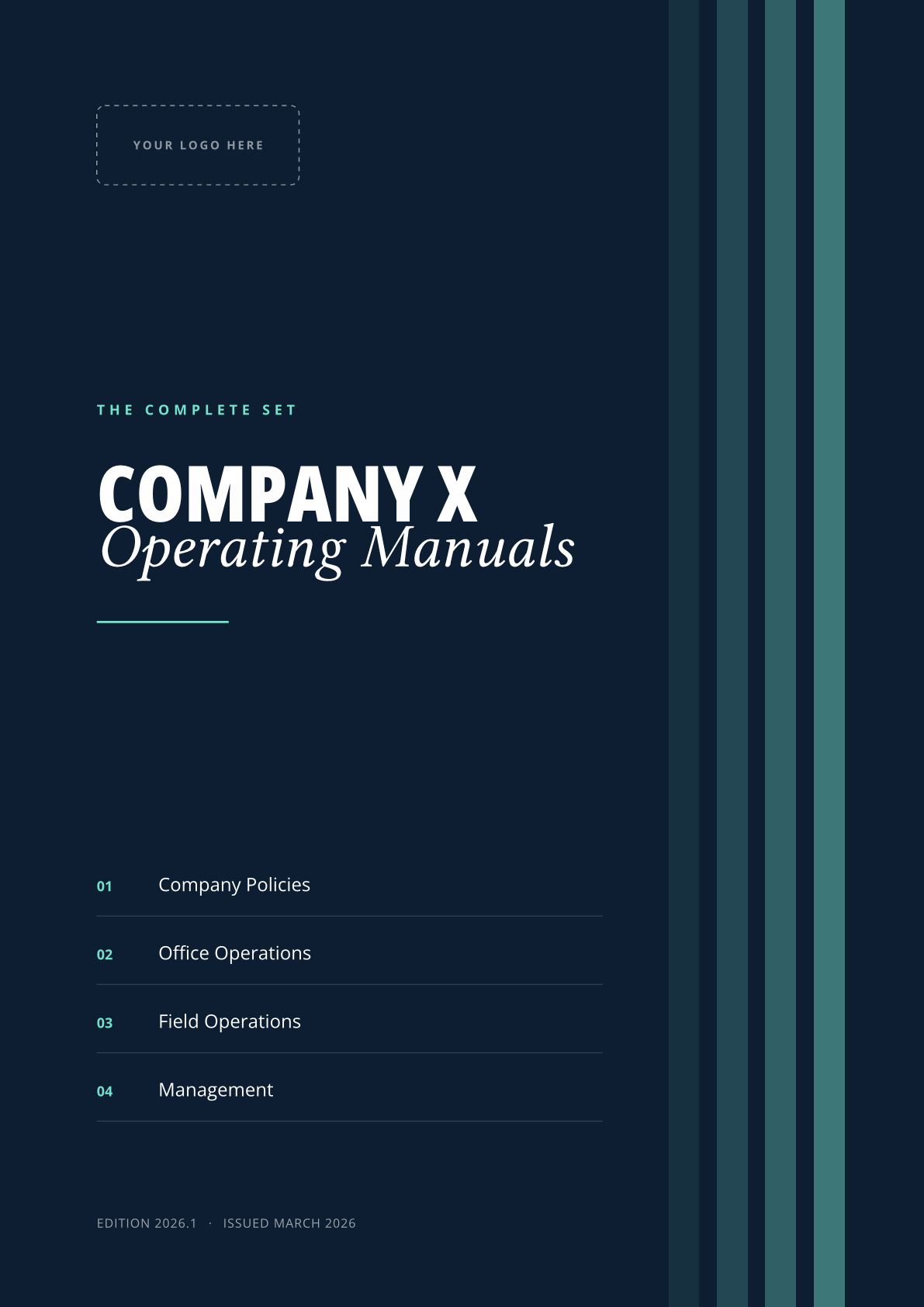 Dark navy cover reading Company X Operating Manuals, with four numbered volumes: Company Policies, Office Operations, Field Operations, Management.